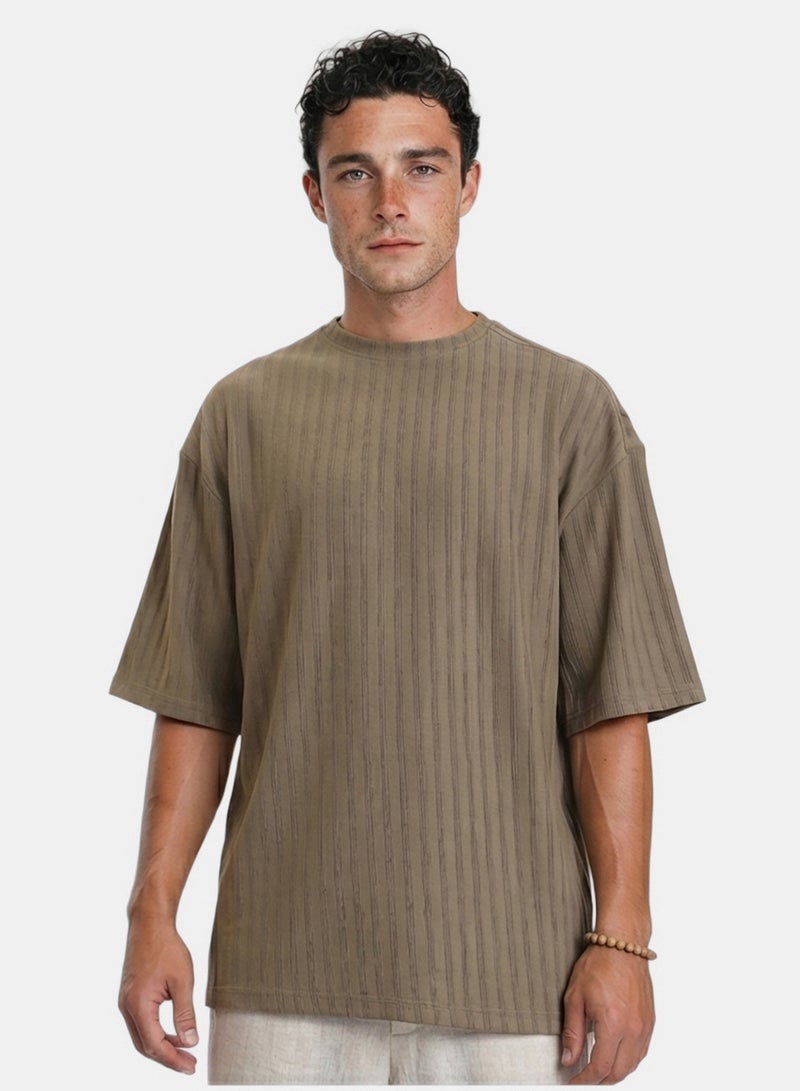 RAVIN Men Elbow Sleeves Striped Casual Tee Dark Khaki - Image 1