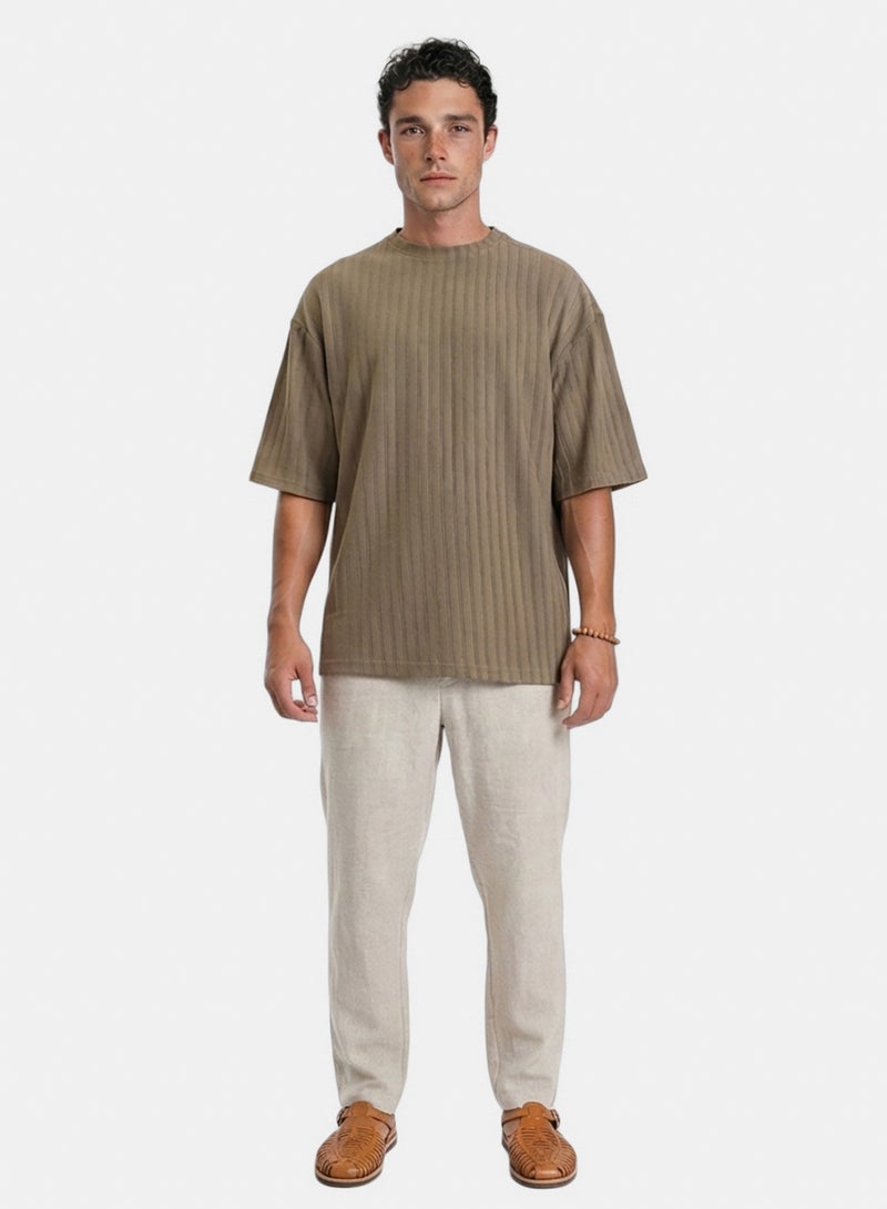 RAVIN Men Elbow Sleeves Striped Casual Tee Dark Khaki - Image 4