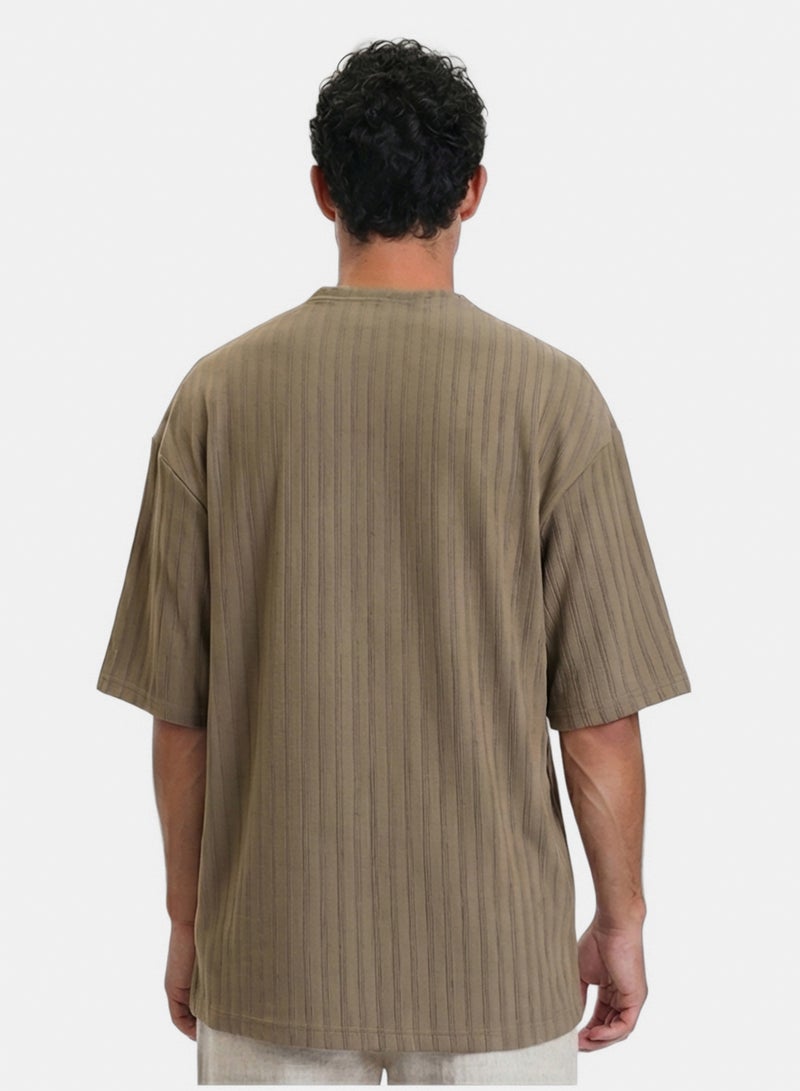 RAVIN Men Elbow Sleeves Striped Casual Tee Dark Khaki - Image 2