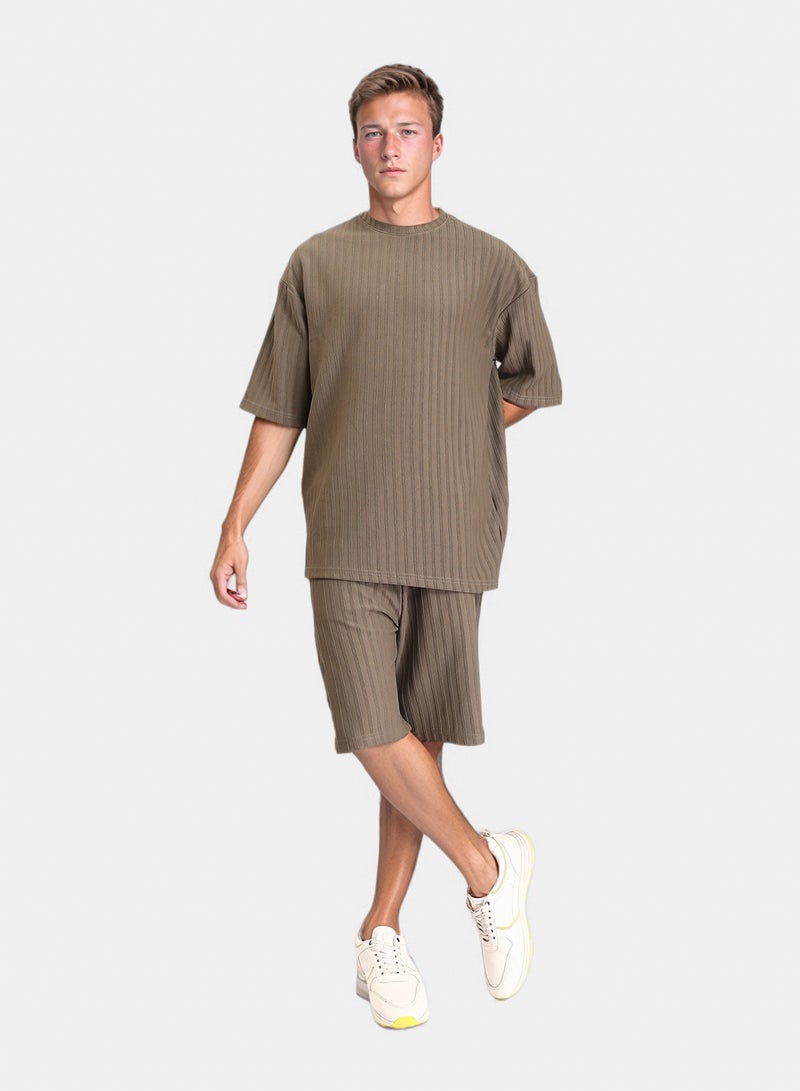 RAVIN Men Elbow Sleeves Striped Casual Tee Dark Khaki - Image 5