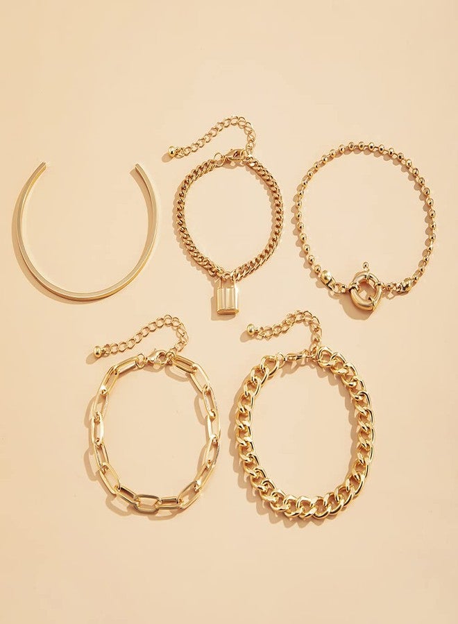 fxmimior Fashion Boho Dainty Simple Gold Chain Stackable Lock Bracelets Set for Women Adjustable Beaded Chunky Flat Cable Chain Punk Bracelets Jewelry for Women Gift Set of 5 (Gold) - Image 4