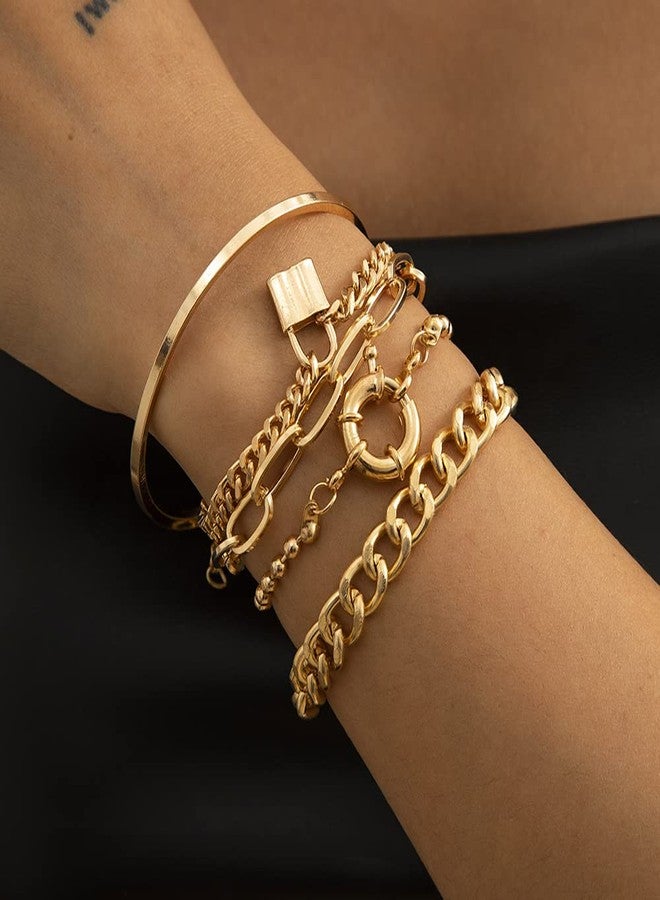 fxmimior Fashion Boho Dainty Simple Gold Chain Stackable Lock Bracelets Set for Women Adjustable Beaded Chunky Flat Cable Chain Punk Bracelets Jewelry for Women Gift Set of 5 (Gold) - Image 2