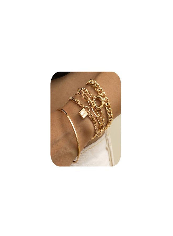fxmimior Fashion Boho Dainty Simple Gold Chain Stackable Lock Bracelets Set for Women Adjustable Beaded Chunky Flat Cable Chain Punk Bracelets Jewelry for Women Gift Set of 5 (Gold) - Image 1