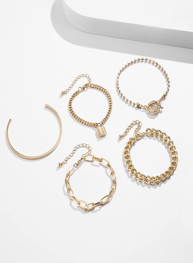 fxmimior Fashion Boho Dainty Simple Gold Chain Stackable Lock Bracelets Set for Women Adjustable Beaded Chunky Flat Cable Chain Punk Bracelets Jewelry for Women Gift Set of 5 (Gold) - Image 3