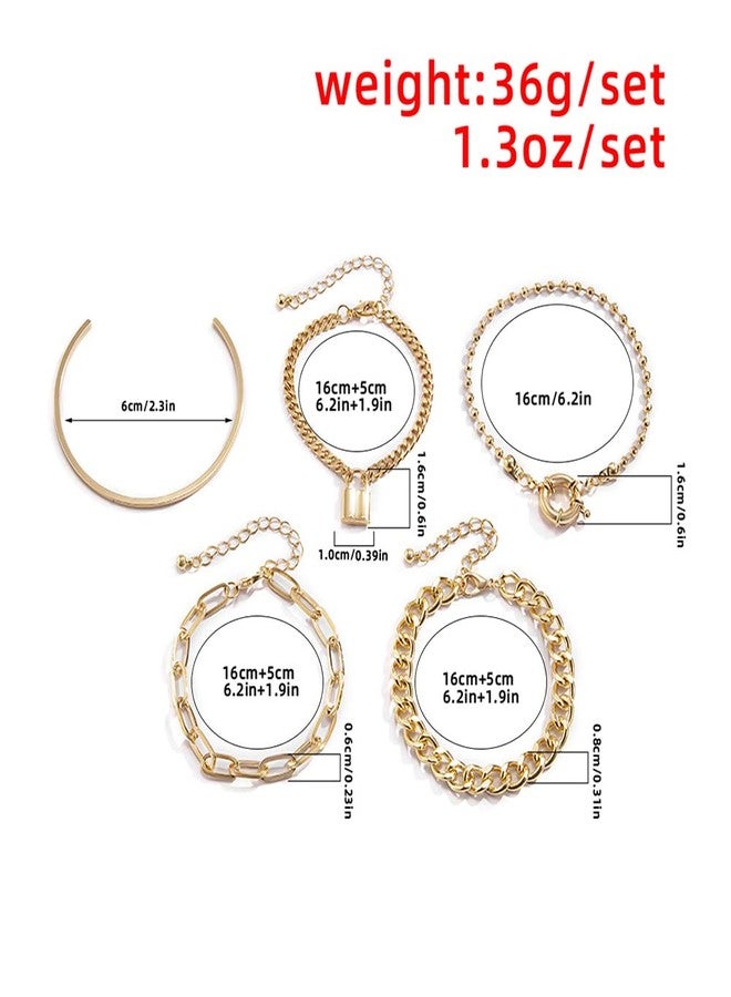 fxmimior Fashion Boho Dainty Simple Gold Chain Stackable Lock Bracelets Set for Women Adjustable Beaded Chunky Flat Cable Chain Punk Bracelets Jewelry for Women Gift Set of 5 (Gold) - Image 5