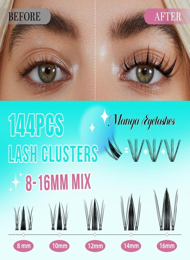 AMZGIRL LASH Manga Lash Clusters Kit 144PCS Fairy Eyelash Extension Kit with Lash Bond and Seal, Fake Eyelashes Clusters with Invisible Lash Band, Lash Glue Remover and Lash Applicators (8-16mm Kit,Black Bond) - Image 3