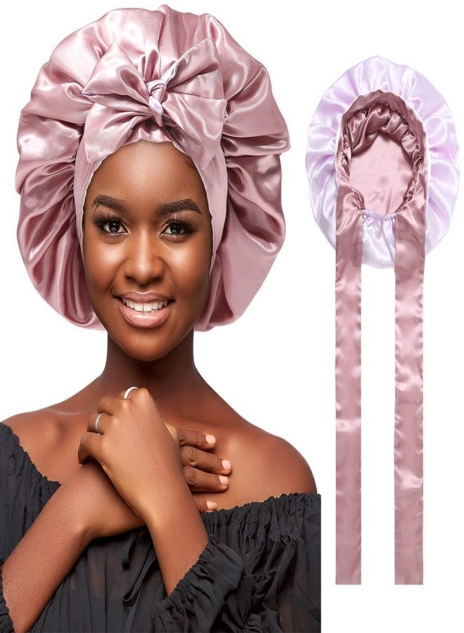 AWAYTR Satin Silk Hair Bonnets for Women Curly Hair Wrap for Sleeping Cap Reversible Bonnet with Tie Band Night Double Layer Sleep Cap ( Reversible Satin Bonnet(Bean Paste + Light Purple - Image 1