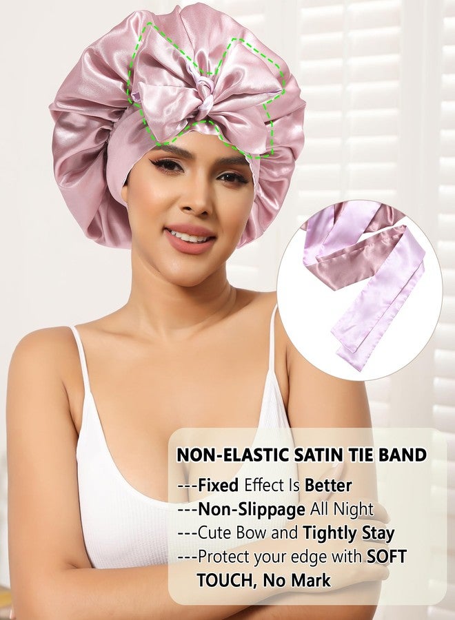 AWAYTR Satin Silk Hair Bonnets for Women Curly Hair Wrap for Sleeping Cap Reversible Bonnet with Tie Band Night Double Layer Sleep Cap ( Reversible Satin Bonnet(Bean Paste + Light Purple - Image 5