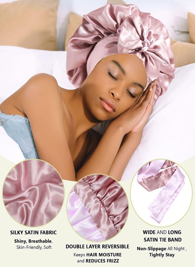 AWAYTR Satin Silk Hair Bonnets for Women Curly Hair Wrap for Sleeping Cap Reversible Bonnet with Tie Band Night Double Layer Sleep Cap ( Reversible Satin Bonnet(Bean Paste + Light Purple - Image 4