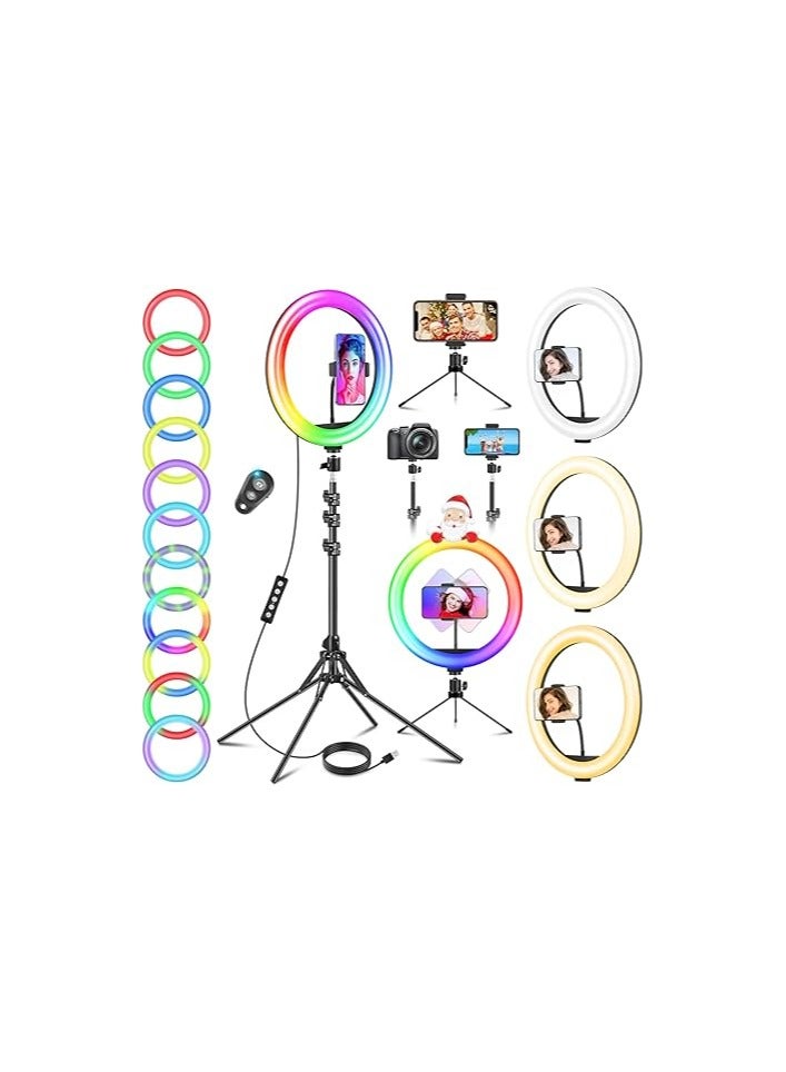 LED Ring Light with Tripod Stand & Phone Holder, 177cm/70" Tall, 40 RGB Modes, 13 Brightness Levels, Dimmable Selfie Circle Light for Makeup, YouTube, TikTok, and Live Streaming - USB Powered - Image 1