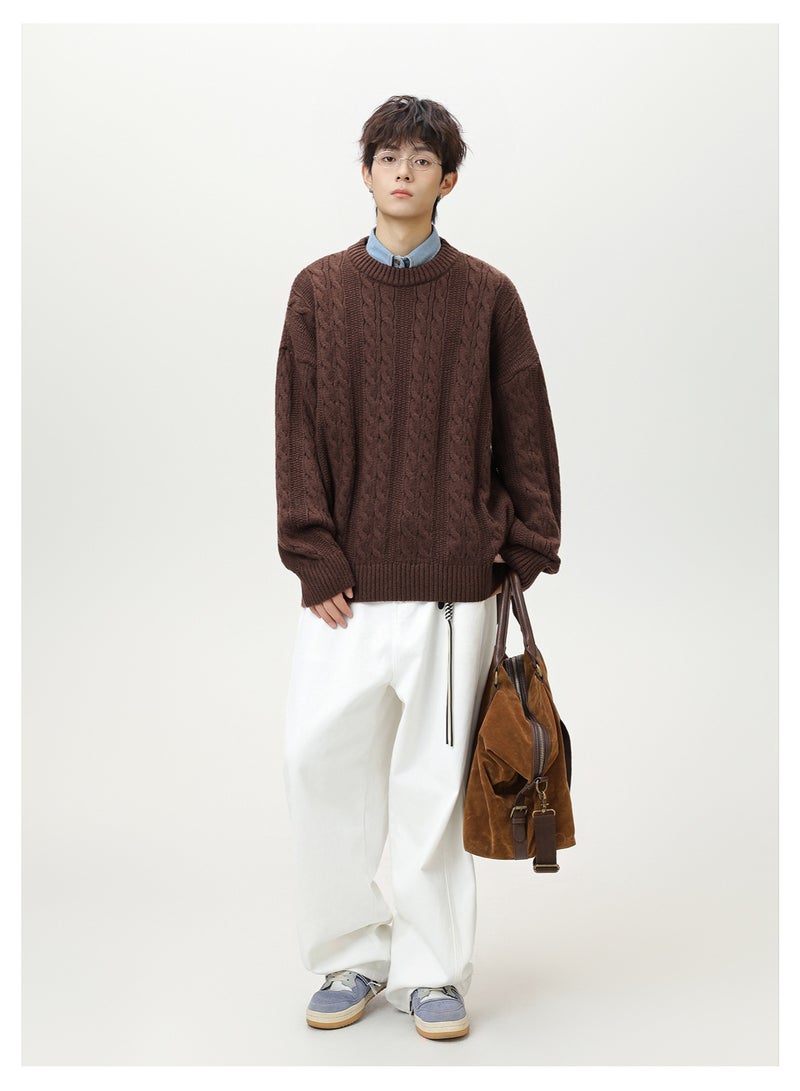 NIBEMINENT Men's Cable Knit Sweater Solid Color Vintage Design Oversized Streetwear Cozy Pullover Winter Knit Top - Image 2