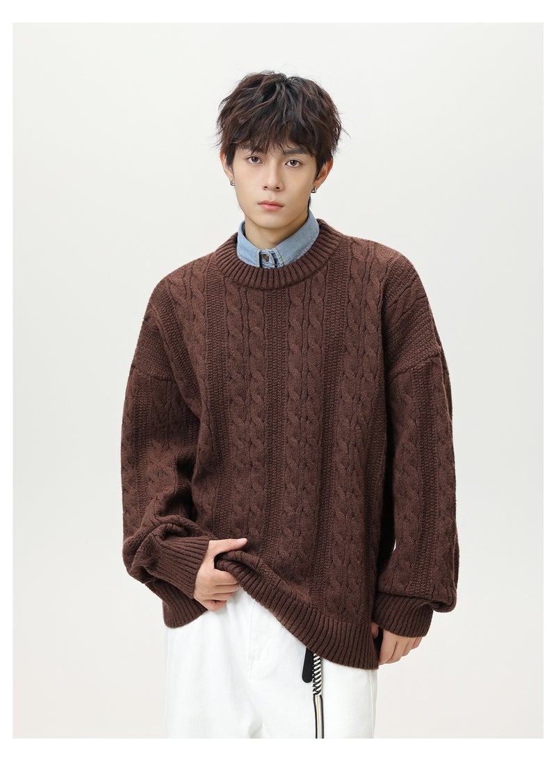 NIBEMINENT Men's Cable Knit Sweater Solid Color Vintage Design Oversized Streetwear Cozy Pullover Winter Knit Top - Image 3