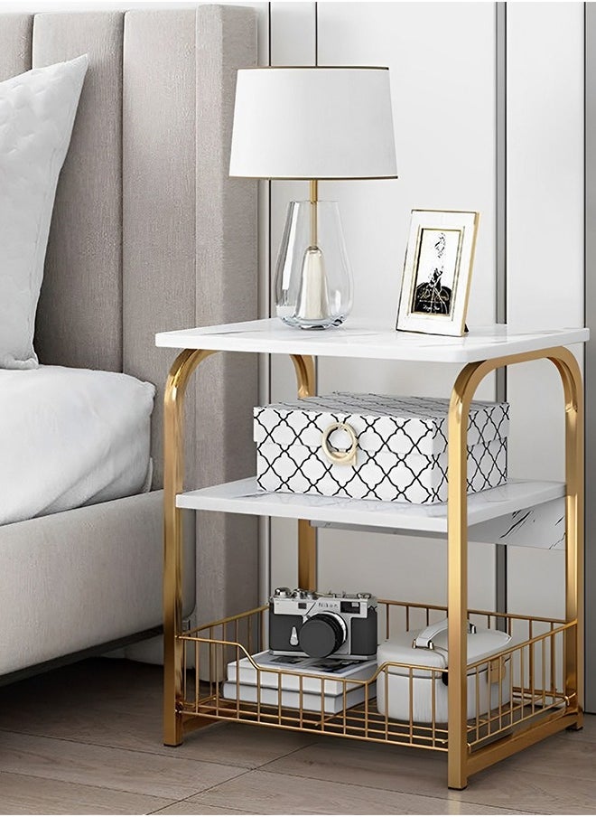 Square side table 3 layers with storage shelf easy to assemble white and gold small coffee table small storage bedside table suitable for living room bedroom tea room