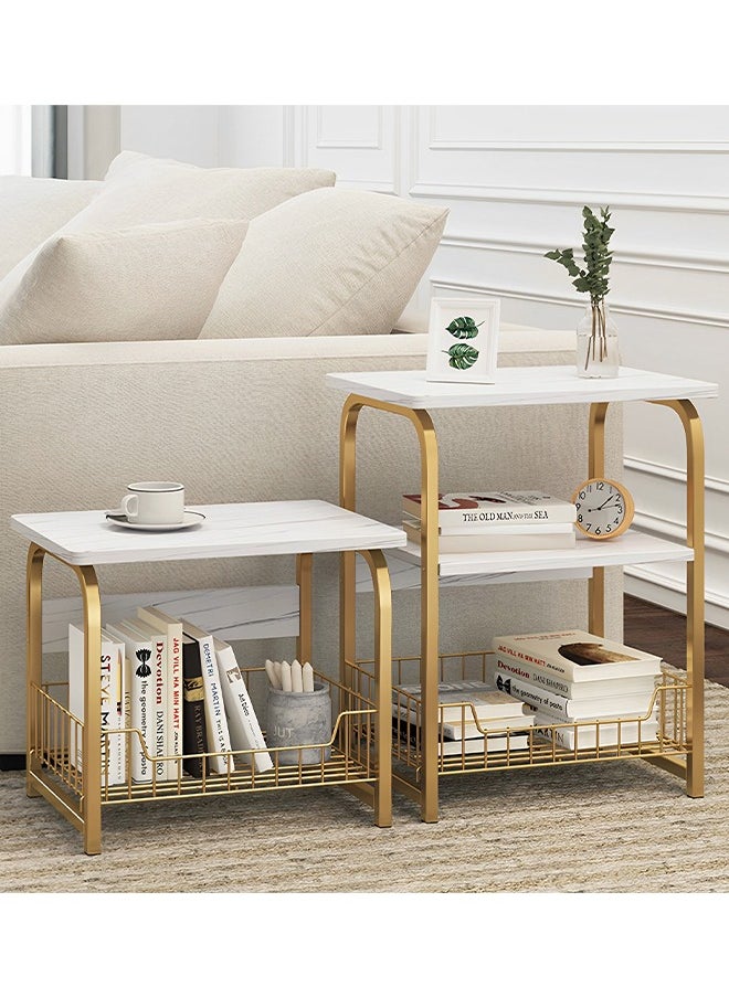 Square side table 3 layers with storage shelf easy to assemble white and gold small coffee table small storage bedside table suitable for living room bedroom tea room