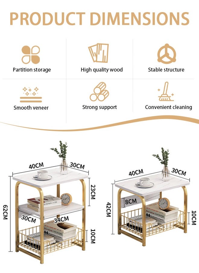 Square side table 3 layers with storage shelf easy to assemble white and gold small coffee table small storage bedside table suitable for living room bedroom tea room