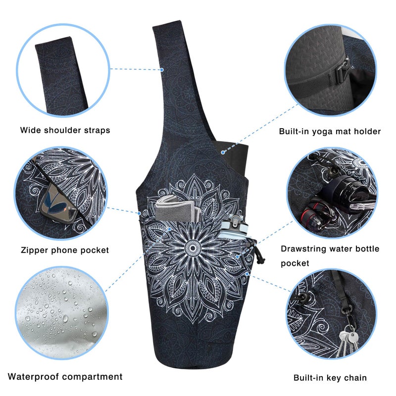 BagYG Yoga Mat Bag - Large Opening Long Tote Yoga Mat Carrier Holder Bag with Waterproof Wet Zipper Pocket and Drawstring Water Bottle Pocket - Yoga Bag Fit Most Size Mats - Mandala - Image 2