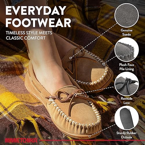 Minnetonka Women’s Camp Tie Moc — Cozy, Suede Moccasin Slippers for Women with Plush Pile Lining, Cushioned Footbed, and Durable Sole for Indoor & Outdoor Comfort, 7 M Charcoal - Image 3