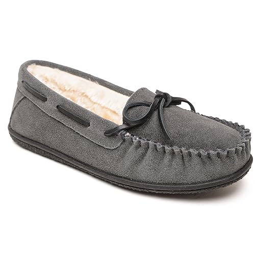 Minnetonka Women’s Camp Tie Moc — Cozy, Suede Moccasin Slippers for Women with Plush Pile Lining, Cushioned Footbed, and Durable Sole for Indoor & Outdoor Comfort, 7 M Charcoal - Image 1