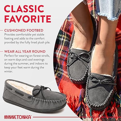 Minnetonka Women’s Camp Tie Moc — Cozy, Suede Moccasin Slippers for Women with Plush Pile Lining, Cushioned Footbed, and Durable Sole for Indoor & Outdoor Comfort, 7 M Charcoal - Image 4