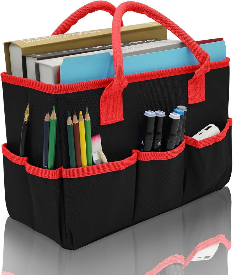 Cupohus Art Organizer Craft Storage Tote Bag with Pockets and Hadles, Oxford Fabric Carrying Caddy for Teacher, Officer, Artist, Students, Traveler, and more – Black with Red Edge - Image 1