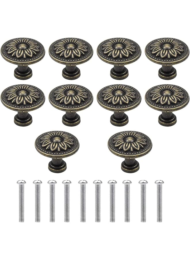 promass 10PCS Antique Bronzy Flower Round Cabinet Knob, 32MM Vintage Drawer Knob, Kitchen Cabinet Cupboard Door Drawer Pull Knob, Retro Bronze Drawer Pull Handle, Hardware Knobs for Drawer Wardrobe - Image 1