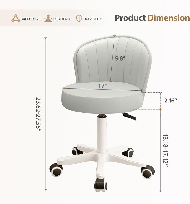 Fohome Small Round Rolling Desk Chair Armless PU Leather Height Adjustable Office Chair Comfy Vanity Chair Vanity Work Computer Stool Chair for Home Office Bedroom - Image 2