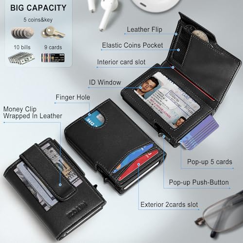 miyozi Men Wallet,with Money Clip Coins Pocket ID Window,Slim Front Pocket RFID Blocking Pop-up Card Holder 3.9"x 2.7", Gift Boxed - Image 2