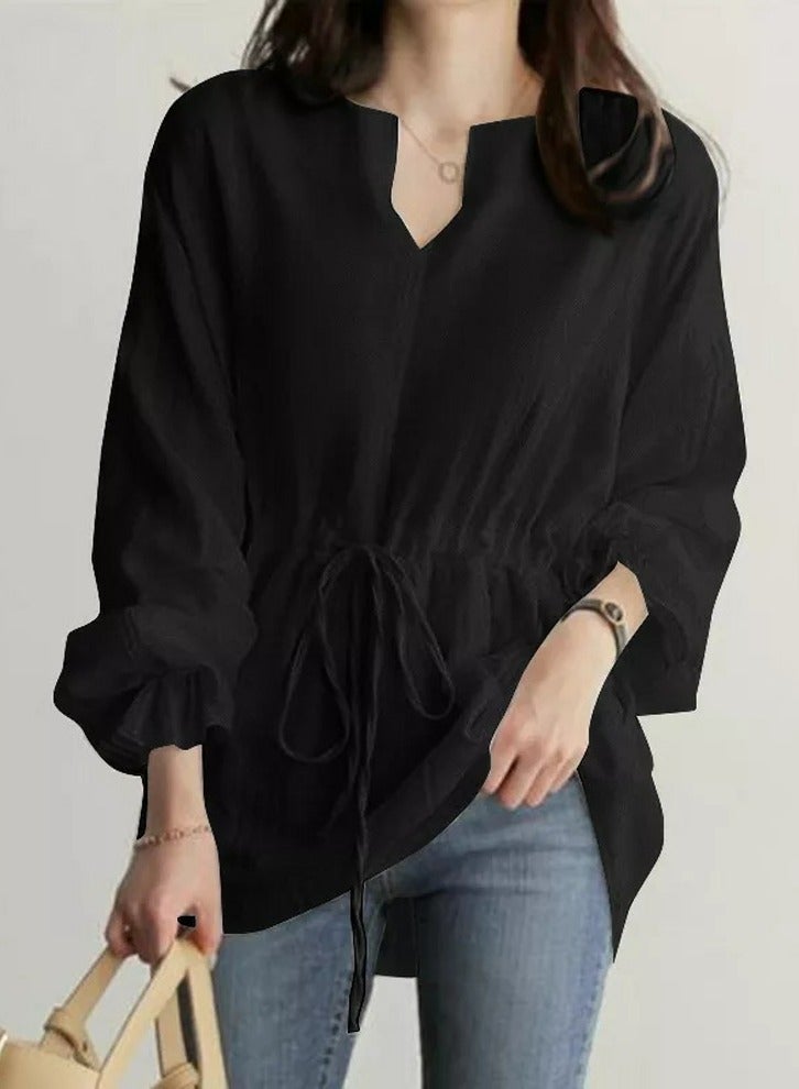 Loquat Women's V-Neck Drawstring Shirts Solid Casual Flare Sleeves Blouses Tops Black  - Image 1