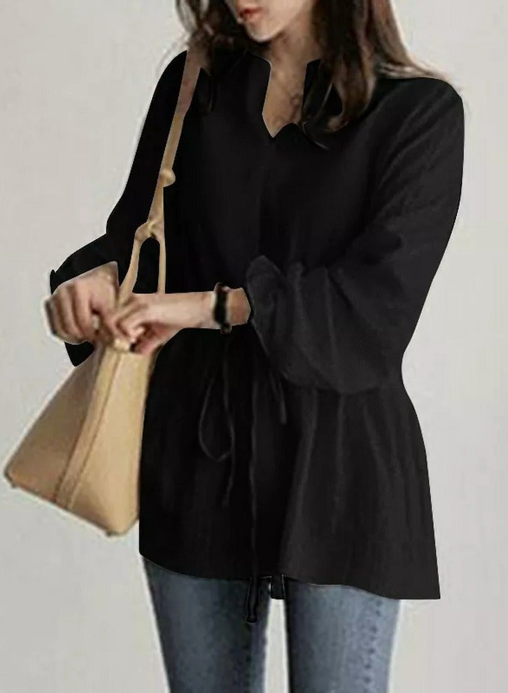 Loquat Women's V-Neck Drawstring Shirts Solid Casual Flare Sleeves Blouses Tops Black  - Image 2