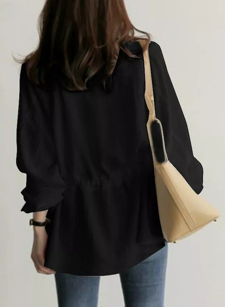 Loquat Women's V-Neck Drawstring Shirts Solid Casual Flare Sleeves Blouses Tops Black  - Image 3