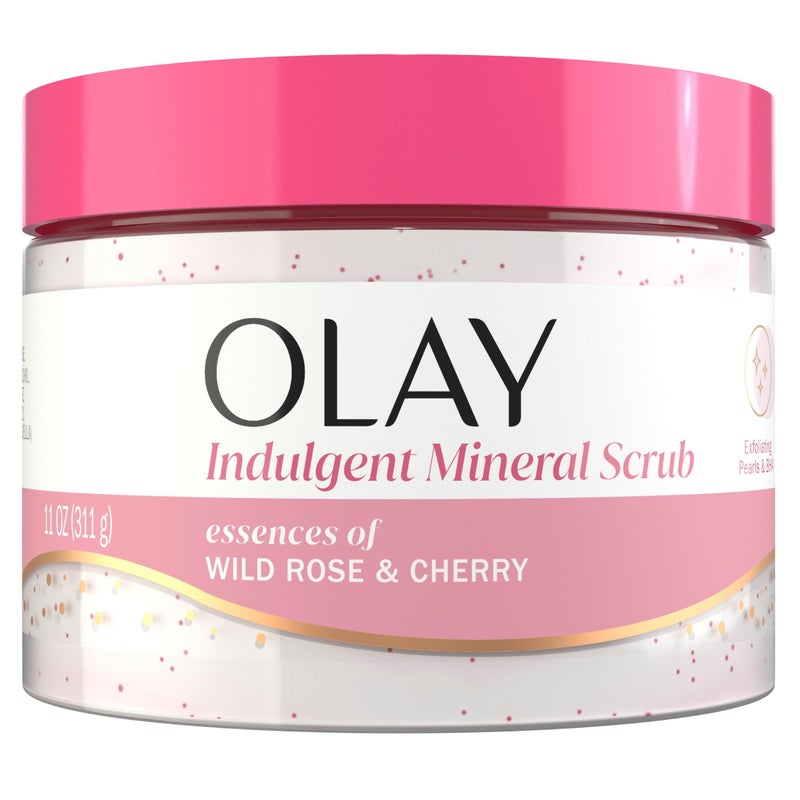 Olay Body Indulgent Mineral Scrub, Skin Exfoliating & Massaging Pearls, Nourishing Soft & Gentle Formula, Renewing BHA, Vitamin B3 Complex, Luxurious Fragrances, Wild Rose & Cherry Creme Scent, 11 oz - Image 1
