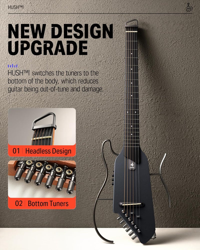 Donner HUSH-I Guitar For Travel - Portable Ultra-Light and Quiet Performance Headless Acoustic-Electric Guitar, Maple Body with Removable Frames, Gig Bag, and Accessories - Image 2
