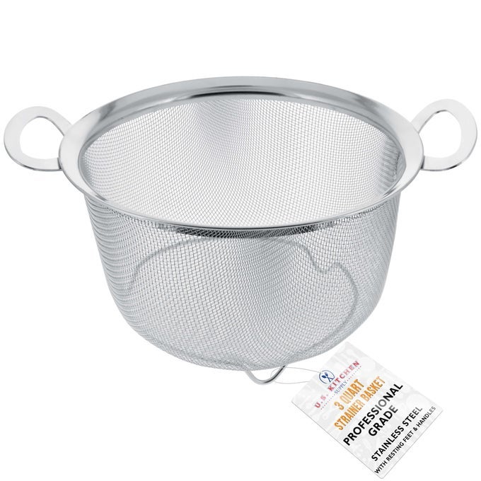 US KITCHEN SUPPLY 3 QUART STAINLESS STEEL MESH NET STRAINER BASKET WITH A WIDE RIM RESTING FEET AND HANDLES COLANDER TO STRAIN RINSE FRY STEAM OR COOK VEGETABLES PASTA