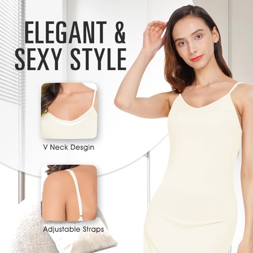 MANCYFIT Long Slips for Under Dresses Full Length Adjustable Spaghetti Strap Nightgown Beige Large - Image 2
