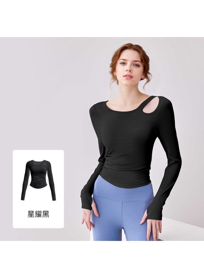 Hollow-out Pleated Women's T-shirt Long Sleeve Yoga Top No-wear Bra Slim-fit Sports Base Shirt Gym Sweatshirts - Image 1