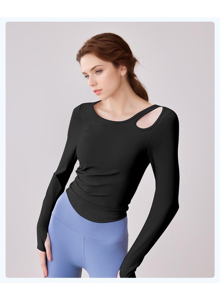 Hollow-out Pleated Women's T-shirt Long Sleeve Yoga Top No-wear Bra Slim-fit Sports Base Shirt Gym Sweatshirts - Image 2
