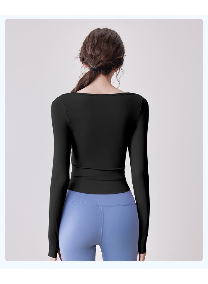 Hollow-out Pleated Women's T-shirt Long Sleeve Yoga Top No-wear Bra Slim-fit Sports Base Shirt Gym Sweatshirts - Image 3