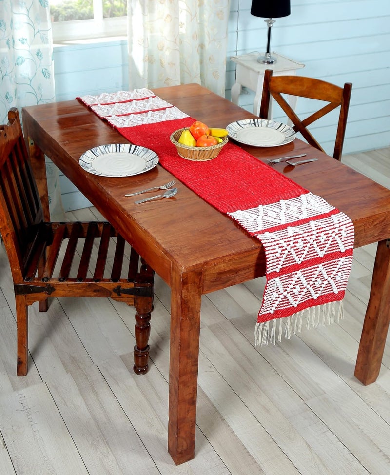 POSHREYA Cotton Table Runner for 4 6 Seater Dining Table|Centre Table|Coffee Table|Living Room|Table Decor|Eating Area|Decorative Runner|(14*72 INCHES)|RED White|TRPS 019 - Image 2