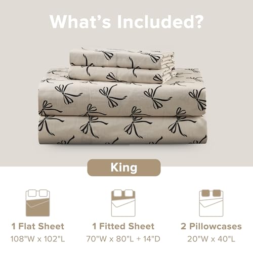Comfort Spaces 100% Cotton Sheets King, Breathable, Naturally Cool Cotton Sheets, Soft Cotton Bed Sheets with 14" Elastic Pocket Fits up to 16" Mattress, All Seasons Sheet Set, Bow Black/Taupe 4 Piece - Image 4