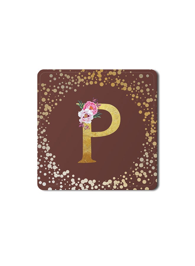 Stylizedd 2 Pack Designer Leather Coasters Mat for Beverage Drinks- Custom Monogram Initial Letter Floral Pattern Alphabet - P (Brown) - Image 1