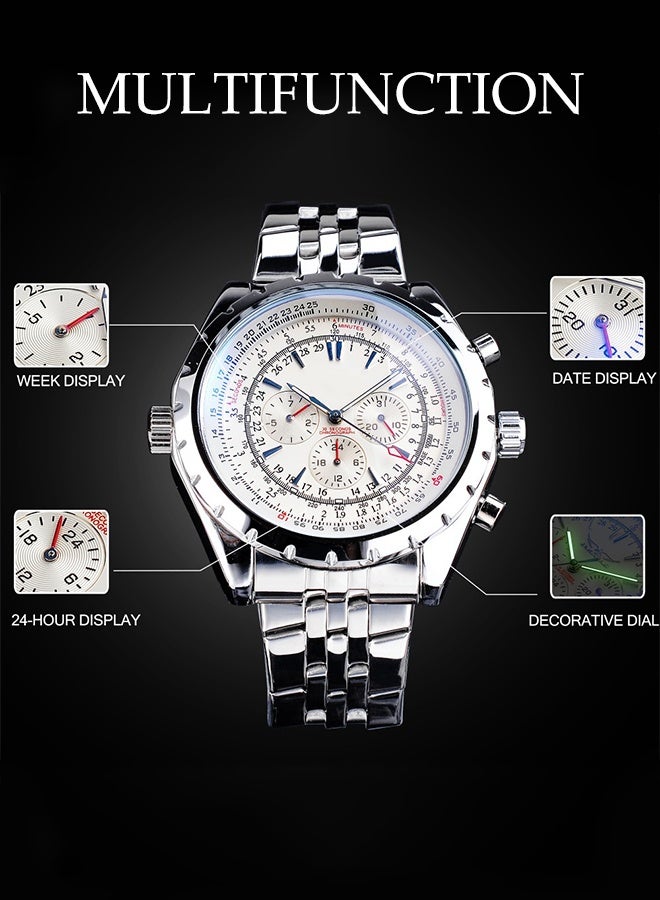 DUNISO Men's Wrist Watch,Stainless Steel Luminous Pointer Waterproof Multifunction Watch,Three-eye Six-Pin Calendar Week,Business Automatic Mechanical Watch - Image 3