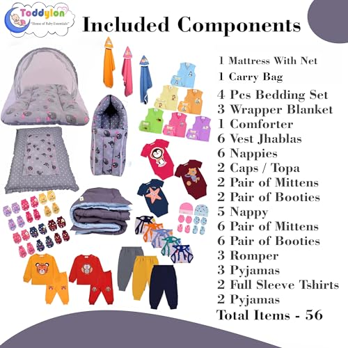 Toddylon 56 in 1 Newborn Baby Products All Cotton Gift Packs Essential Items Combo | Baby Bed | Clothing Set | Baby Grooming | Infants Kit (0-6 Months) Grey - Image 3