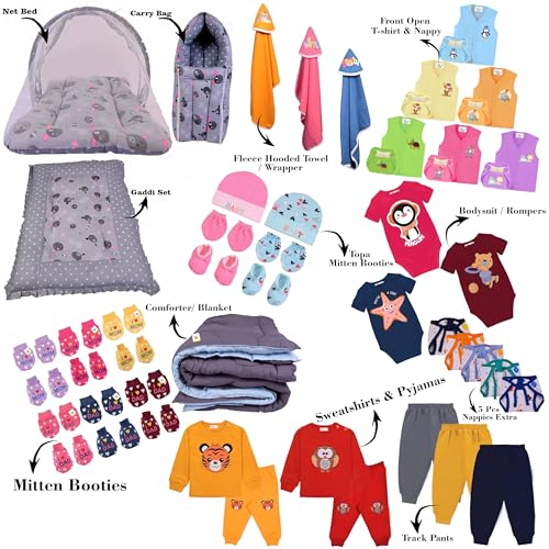 Toddylon 56 in 1 Newborn Baby Products All Cotton Gift Packs Essential Items Combo | Baby Bed | Clothing Set | Baby Grooming | Infants Kit (0-6 Months) Grey - Image 2