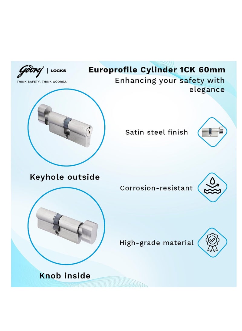 Godrej Cylinder Lock Eco Pin Cylinder 1CK 60mm. Satin Steel Finish. Door Thickness Upto 40mm. 3 Keys - Image 3