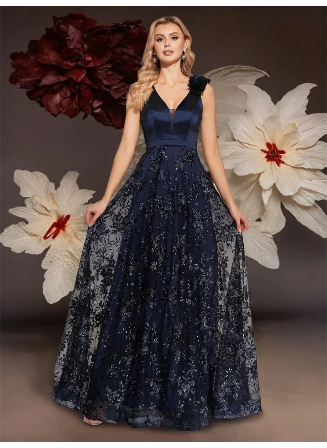 Madam Uniq Deep Blue Deep V Embroidered Fishtail Evening Dress for Bridesmaids - Elegant Slim Fit Long Gown