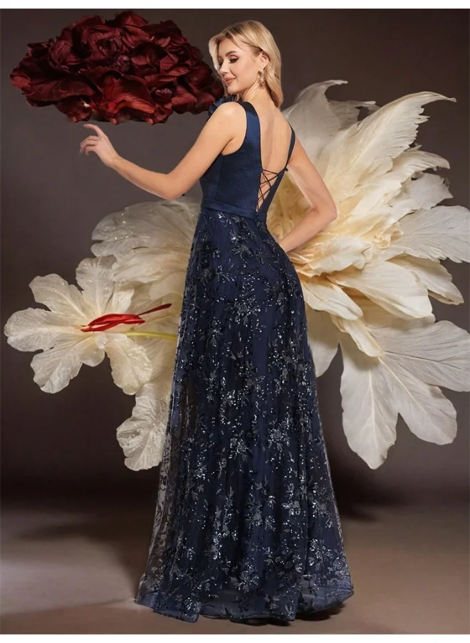 Madam Uniq Deep Blue Deep V Embroidered Fishtail Evening Dress for Bridesmaids - Elegant Slim Fit Long Gown