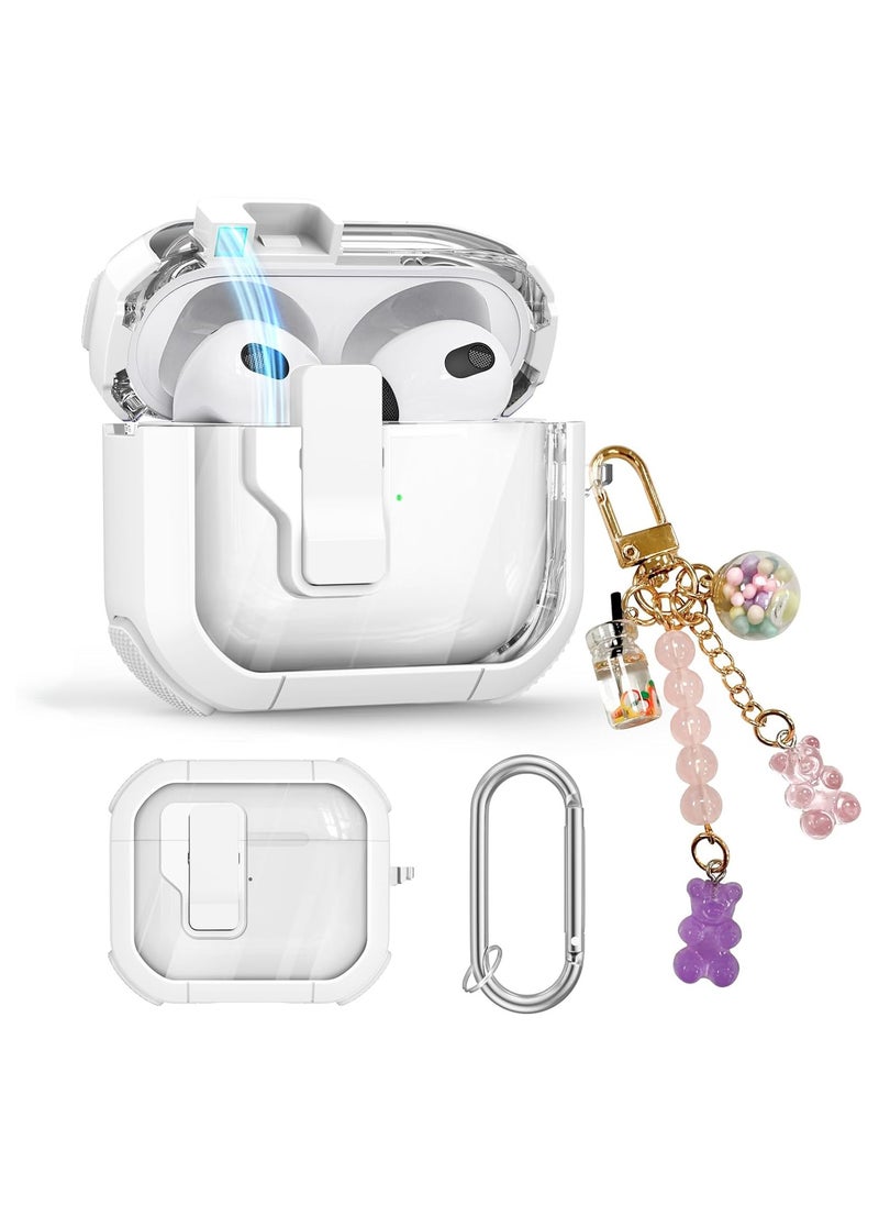 SYOSI - Airpods 3 Clear Case Cover Automatic Snap for Switch Secure Lock Case for Apple Airpod 3rd 2021 Generation Case Cover with Cute Candy Keychain for Women White - Image 1