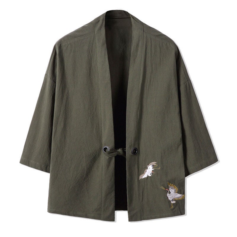 Summer Chinese Style Feather Weaving Robe Mens Hanfu Cardigan Cotton Linen Japanese Kimono Linen Seven-Sleeve Shirt Coat 708 green