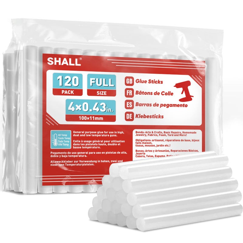 SHALL Full Size Hot Glue Sticks, 0.43â€ Dia x 4â€ Long, 120-pack Clear Hot Melt Glue Gun Sticks for All-Temp Glue Guns, Multipurpose for Kids Adults DIY Art Craft Sealing Repairing Festival Decoration - Image 1