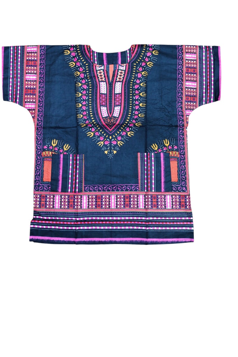 African Dashiki Shirt For Men And Women 100% Cotton Fabrics With Beautifull Printed Design Black & Rani